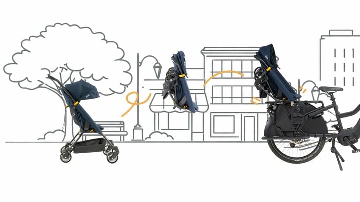 Le concept de Faar Ride, la poussette qui se transforme en siège pour vélo en quelques secondes.