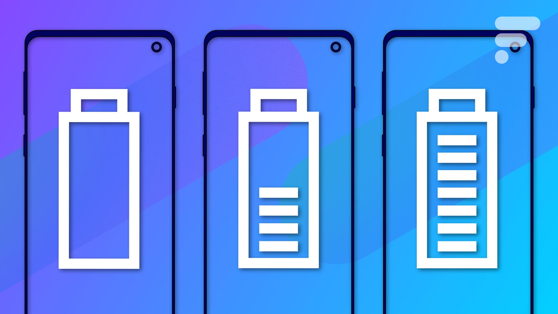 Trois smartphones et trois icônes de batteries plus ou moins remplies