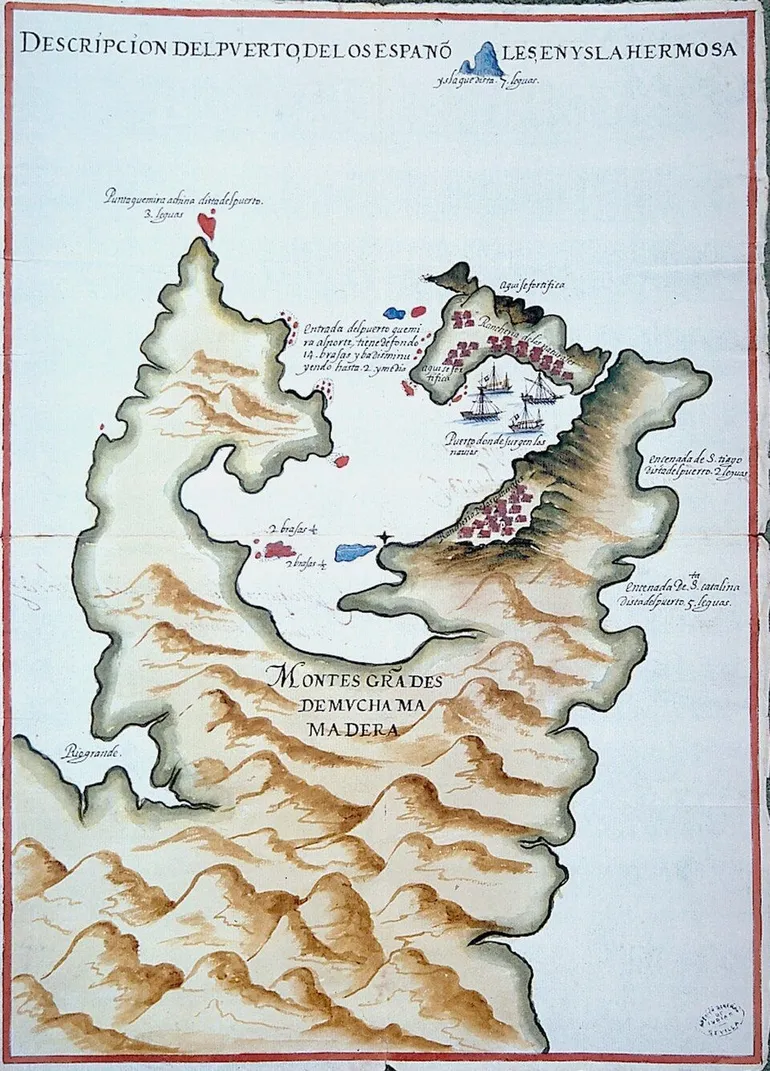 Peu après qu’une expédition espagnole eut fondé une colonie à Keelung, dans le nord de Taïwan, l’artiste Pedro de Vera a réalisé cette carte haute en couleur. La carte date de 1926.
