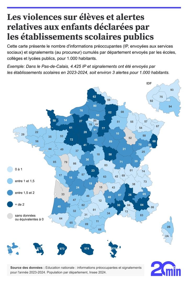 Carte des violences sur élèves et alertes relatives aux enfants déclarés par les établissements scolaires publics.