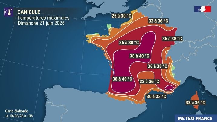 Les températures annoncées pour dimanche par Météo-France.