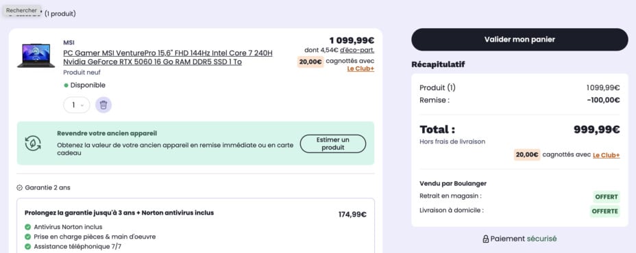Laptop MSI RTX 5060 et Core 7, moins de 1 000 € pour gaming.