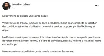 Le patron de Spliiit réagit à la condamnation de sa plateforme.