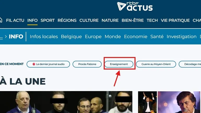 Un nouvel onglet"enseignement" ajouté en haut de la page RTBF/info