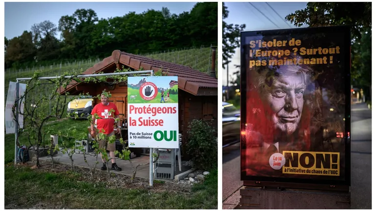 Panneaux pour le"Oui" dans les vignes à Bavois (Vaud) et pour le"Non" à Lausanne (Vaud également).