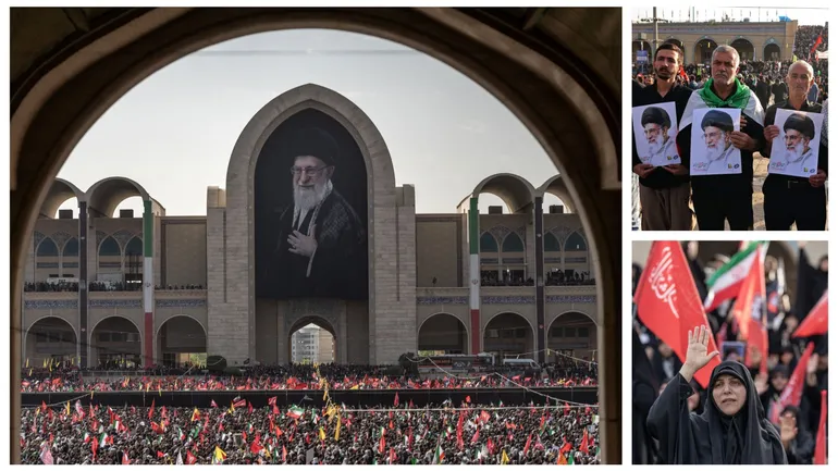 Des personnes en deuil brandissent des portraits de l’ayatollah Ali Khamenei, guide suprême iranien assassiné, au début de ses funérailles à la Grande Mosalla de Téhéran, le 4 juillet 2026.