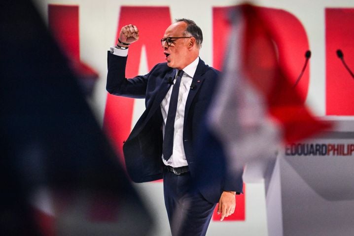 Le président du parti Horizons, ancien Premier ministre et candidat à la présidentielle pour 2027 Edouard Philippe lors de son rassemblement de campagne à l'Adidas Arena le 5 juillet 2026 à Paris.