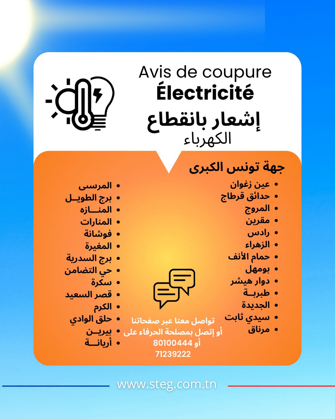Coupures d’électricité ce soir dans plusieurs zones du Grand Tunis