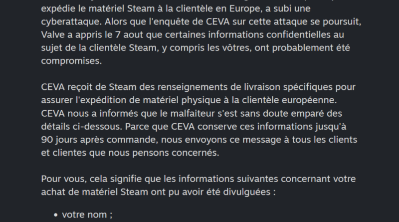 Cyberattaque chez un partenaire : fuite des données clients européens de Steam