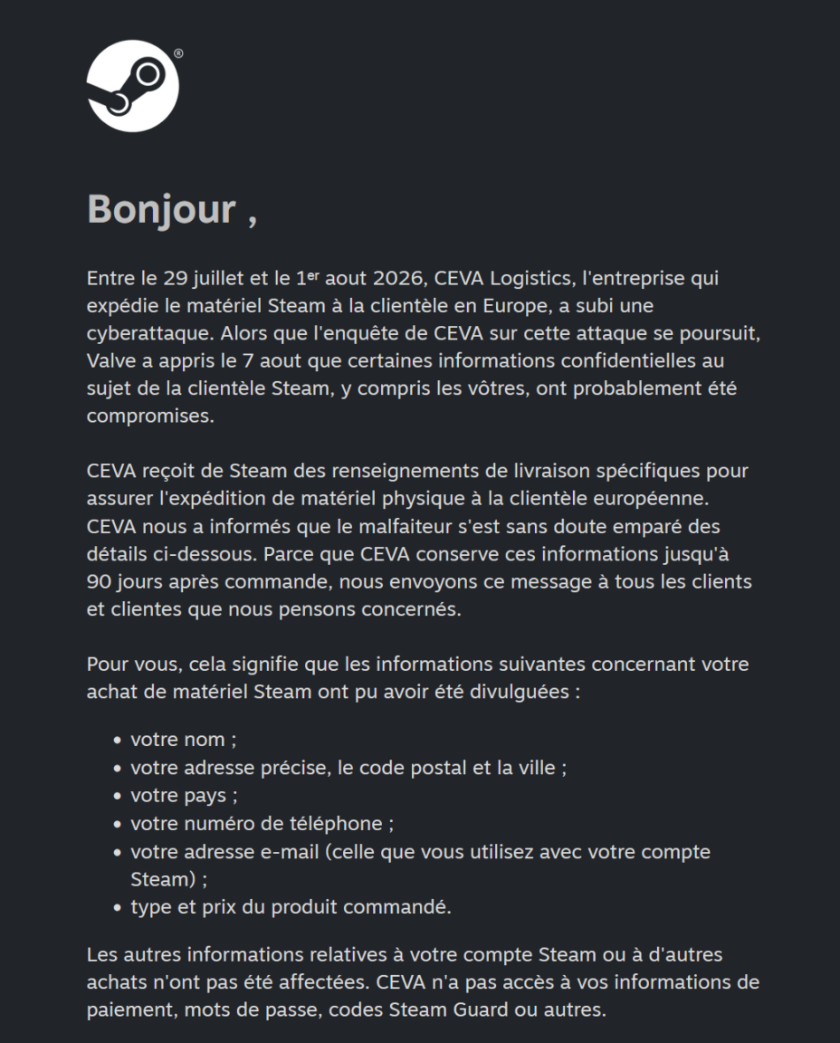 Cyberattaque chez un partenaire : fuite des données clients européens de Steam