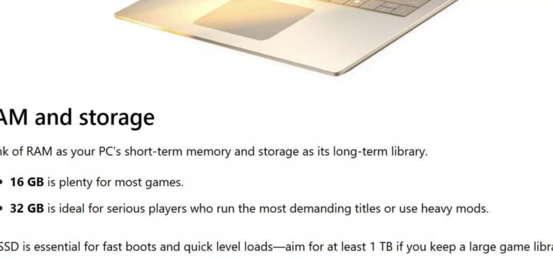 Microsoft modifie ses recommandations : 16 ou 32 Go pour les PC gaming ?