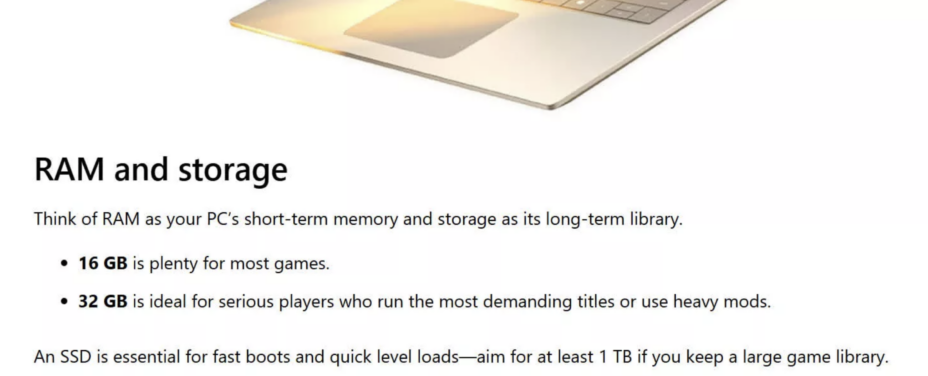 Microsoft modifie ses recommandations : 16 ou 32 Go pour les PC gaming ?